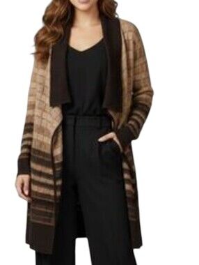 Nic + Zoe Chocolate Brown Striped Open-Front Long Cardigan Duster Sweater Sz M